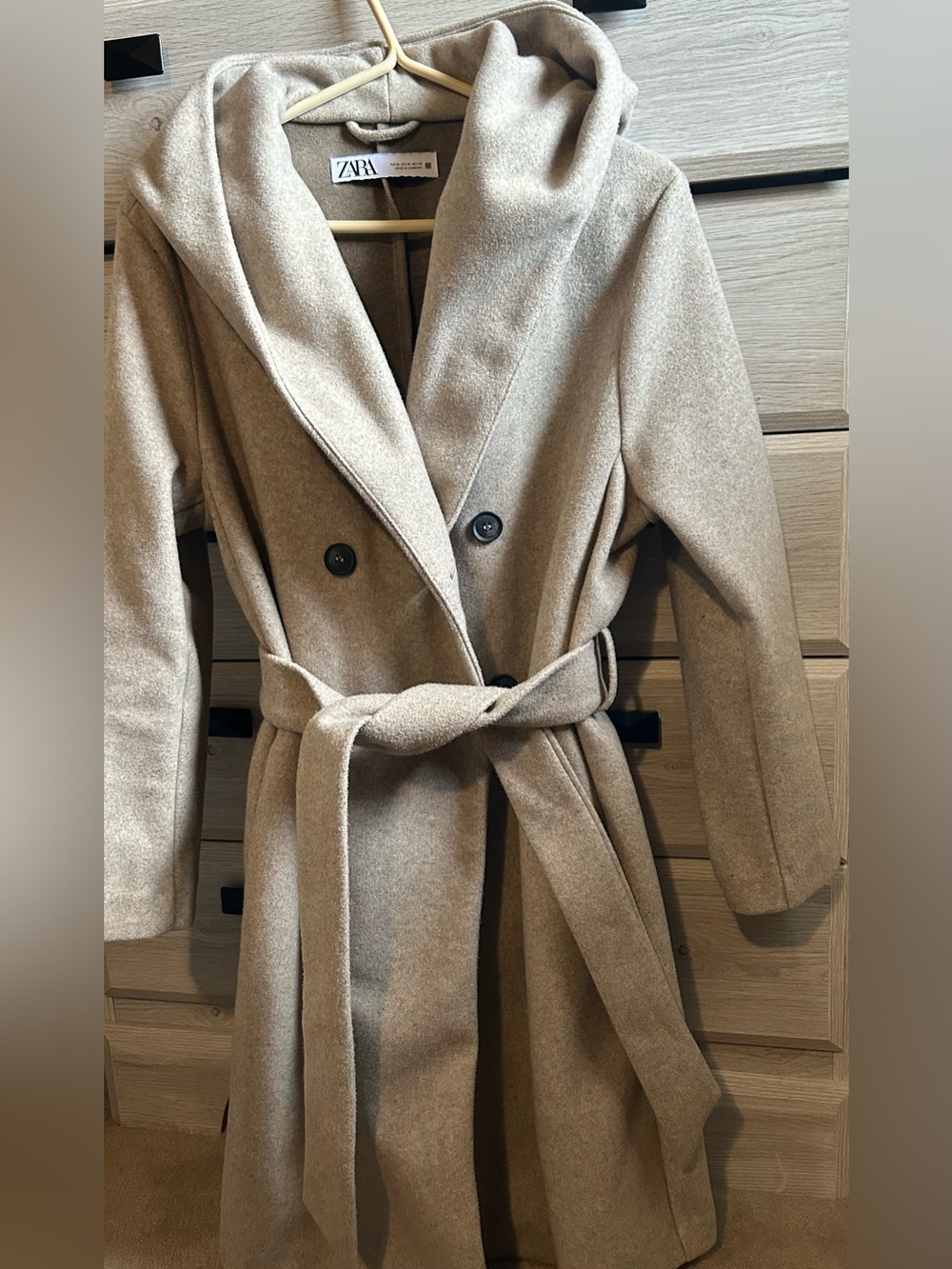 Zara Beige Double-Breasted Belted Coat with hood